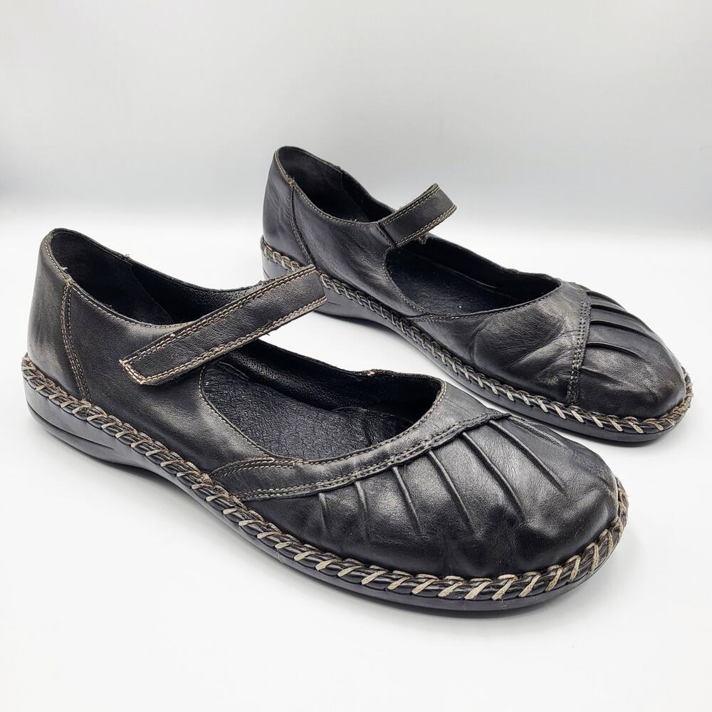 Rieker Mary Jane Black Leather Pleated Toe Vamp Braided Rubber Sole Trim Size 41 - Picture 2 of 12